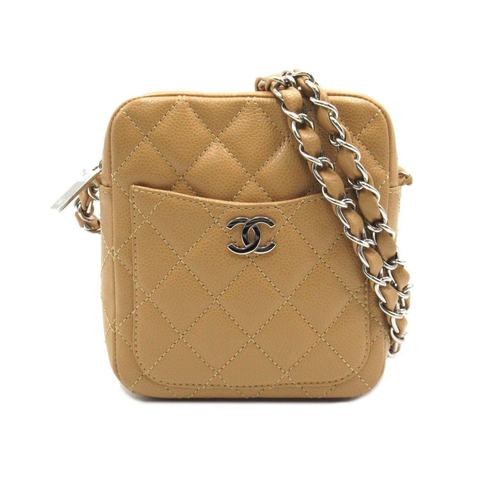 Chanel Mini Matelasse Chain Shoulder Caviar Skin Beige Silver Shoulder Bag